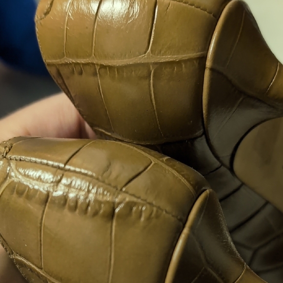 Jimmy Choo Croc-Embossed Tan Peep-Toe Heels - Picture 4 of 7